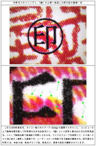 印章鑑定における，印鑑のサンプル観察「スキャニング偽造印影の拡大図」画像